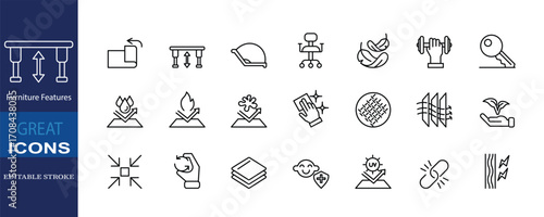 Set of 21 editable stroke icons representing furniture features such as foldable, adjustable height, ergonomic, waterproof, scratch resistant, eco-friendly, and multifunctional.