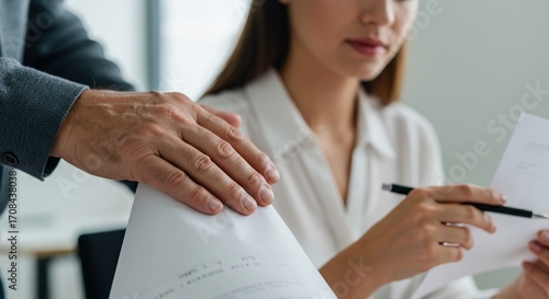 Workplace harassment in office environment, a man's hand on business documents while woman feels uncomfortable during meeting.