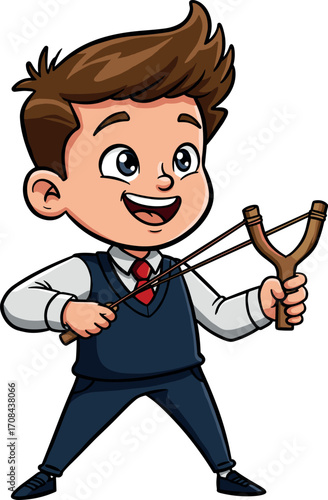 Playful boy with slingshot outdoor playground cartoon illustration bright colors cheerful mood. Vector illustration