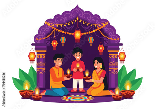 Flat style illustration of an Indian family celebrating Diwali by lighting diyas around a rangoli, surrounded by lanterns and garlands, symbolizing unity, joy, and the spirit of the festival of lights