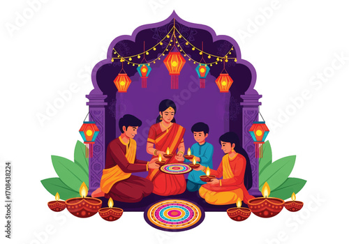 Flat style illustration of an Indian family celebrating Diwali by lighting diyas around a rangoli, surrounded by lanterns and garlands, symbolizing unity, joy, and the spirit of the festival of lights