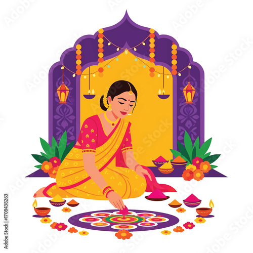 Flat style illustration of an Indian woman creating a colorful rangoli design for Diwali, surrounded by diyas, flowers, and lanterns, tradition, beauty, and the joy of the festival of lights