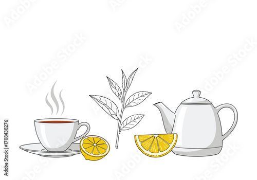 A warm cup of tea with lemon and teapot illustration.