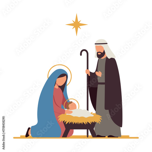 Nativity scene depicting birth of jesus bethlehem illustration religious christmas theme. Vector illustration