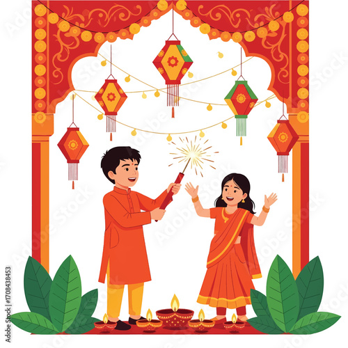 Flat style illustration of Indian children celebrating Diwali with sparklers, lanterns, and diyas, symbolizing the joy, light, and cultural traditions of the festival of lights in India