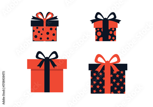 Four decorative gift boxes with different patterns and bows.
