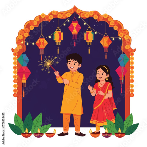 Flat style illustration of Indian children celebrating Diwali with sparklers, lanterns, and diyas, symbolizing the joy, light, and cultural traditions of the festival of lights in India