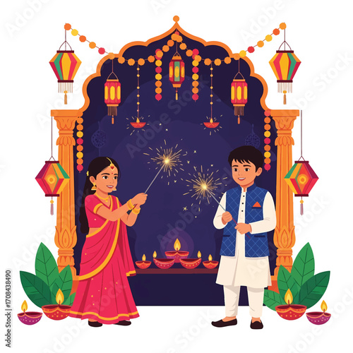 Flat style illustration of Indian children celebrating Diwali with sparklers, lanterns, and diyas, symbolizing the joy, light, and cultural traditions of the festival of lights in India