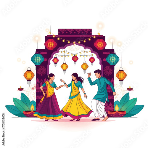 Flat style illustration of Indian people dancing in traditional attire during Diwali, surrounded by lanterns and diyas, celebrating joy, culture, and the vibrant spirit of the festival of lights