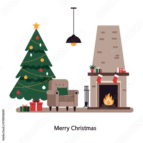 Festive christmas celebration cozy living room digital illustration holiday atmosphere wide angle joyful spirit. Vector illustration