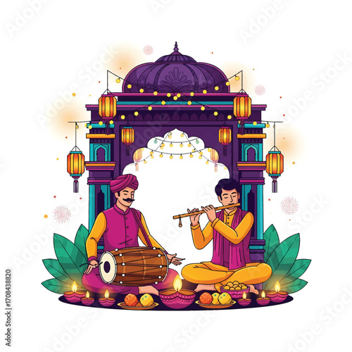 Flat style illustration of Indian musicians playing traditional instruments during Diwali, surrounded by diyas, sweets, and lanterns, symbolizing culture, music, and joy of the festival of lights.