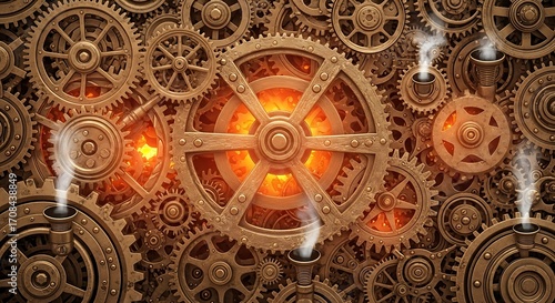 Intricate steampunk clockwork mechanism with glowing orange lights and gears