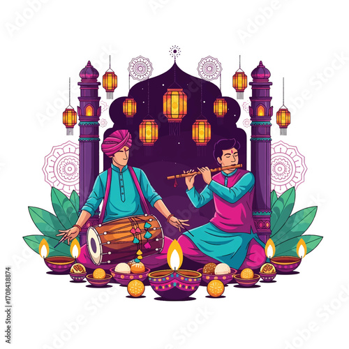 Flat style illustration of Indian musicians playing traditional instruments during Diwali, surrounded by diyas, sweets, and lanterns, symbolizing culture, music, and joy of the festival of lights.