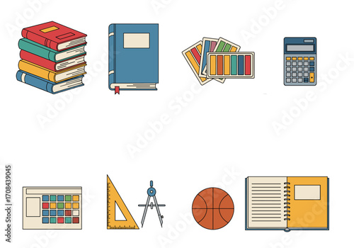 Collection of school and office supplies organized neatly for academic and professional tasks.
