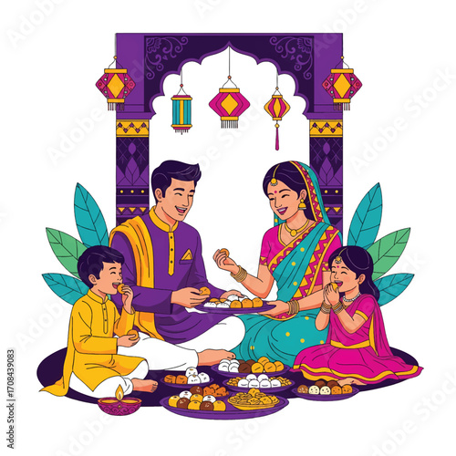 Flat style illustration of a family celebrating Diwali by sharing traditional sweets together, surrounded by lanterns and festive decor, symbolizing joy, love, and cultural tradition