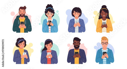 A diverse collection of illustrated characters engaged with mobile devices, representing modern digital communication and social networking
