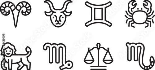 Zodiac Signs Outline Icons Set on Transparent Background for Astrology and Horoscope Concepts