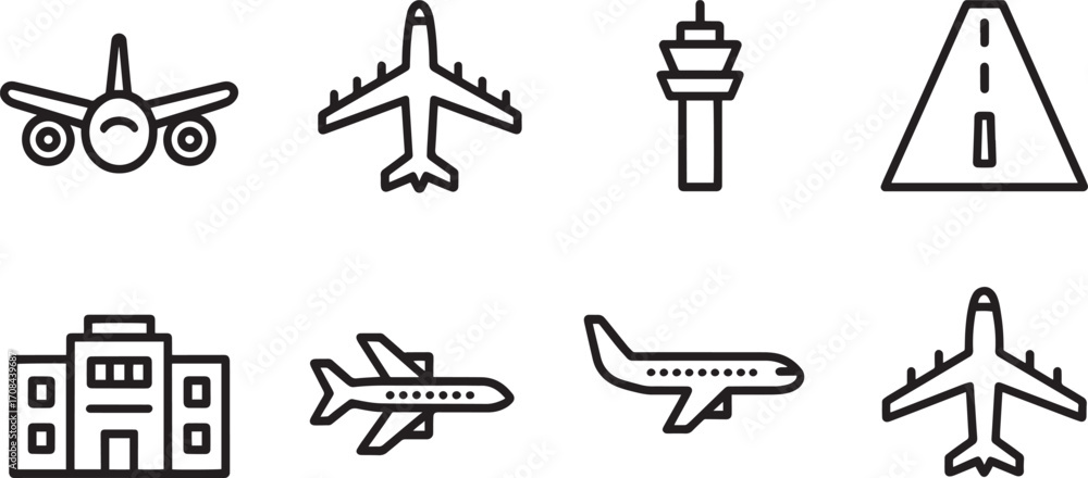 Fototapeta premium Airport Icons Set Outline Style Vector Illustration Transportation Travel Flight Terminal Design