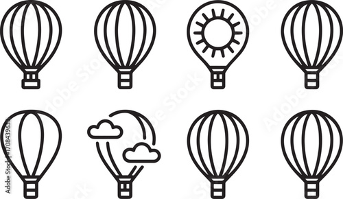 Air Transport Icon Set Hot Air Balloon Outline Style Isolated on Transparent Background Vector