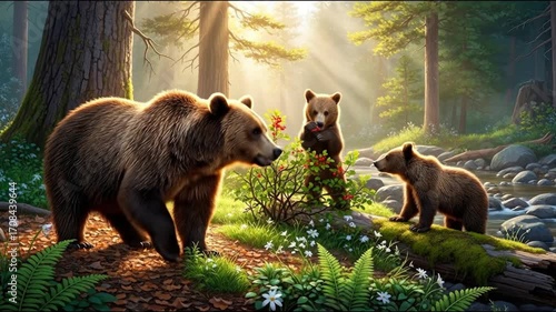 Idyllic scene of a mother bear and her cubs foraging in a sunlit forest by a stream.