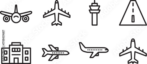 Airport Icons Set Outline Style Vector Illustration Transportation Travel Flight Terminal Design