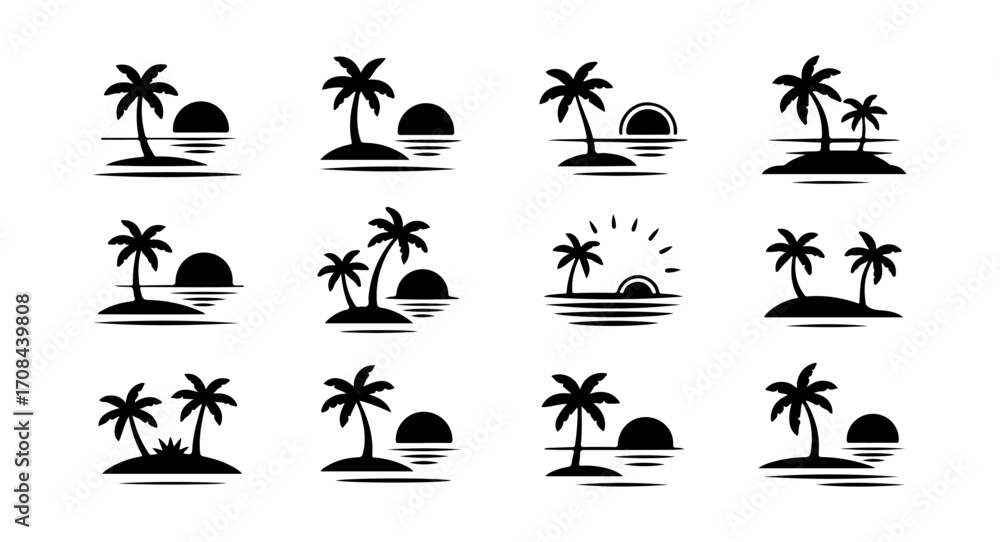 Obraz premium Tropical Island and Sunset Silhouettes Set