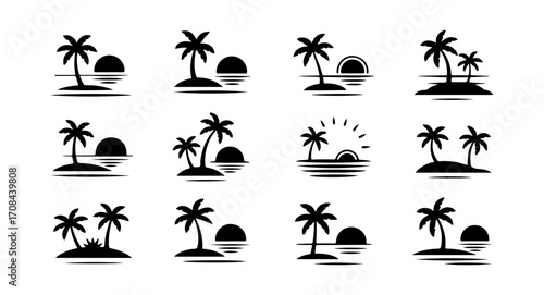 Tropical Island and Sunset Silhouettes Set