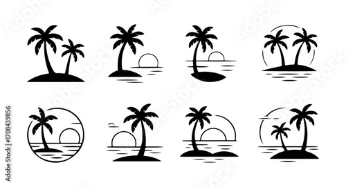 Palm Tree Island Sunset Vector Icons
