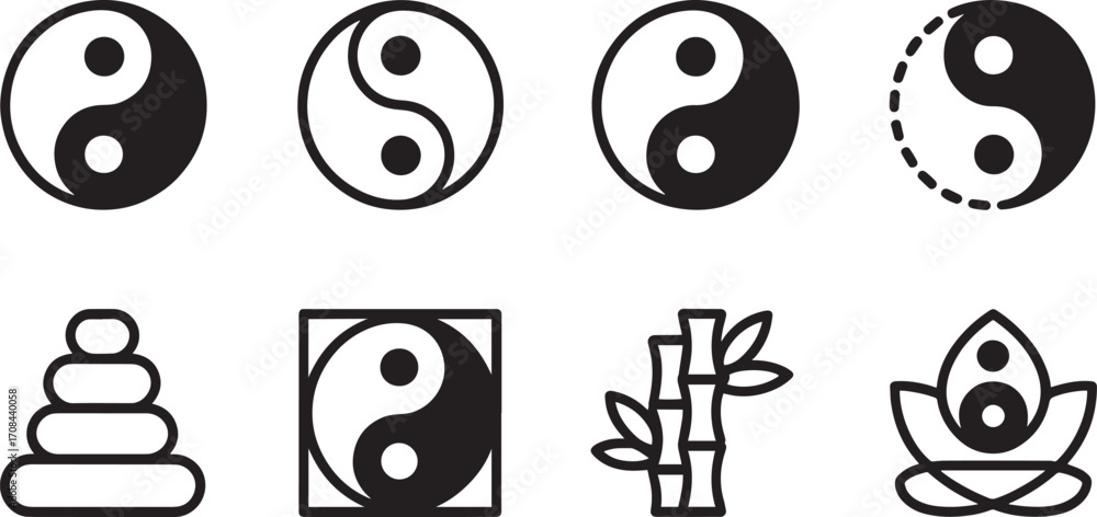 Fototapeta premium Balance and Harmony A Collection of Yin Yang Icons Featuring Bamboo and Lotus Symbolism