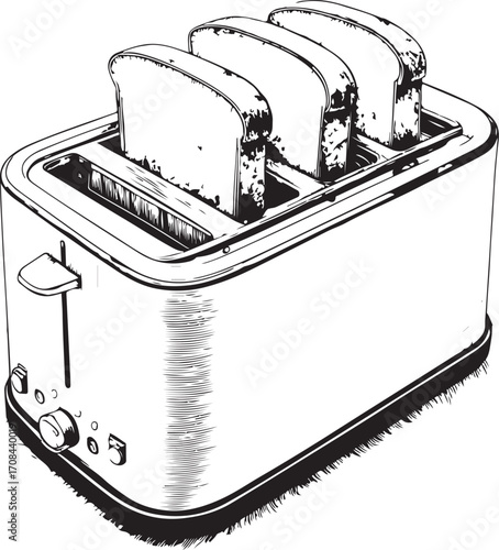 Toasts in Toaster, Breakfast Toast Vector Illustration, Sketch Drawing Line Linear Symbol Icon Engraving Coloring Book, Hand-drawn Doodle Black and White Isolated