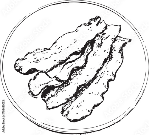 Fried Pork Bacon on Plate Vector Illustration, Sketch Drawing Line Linear Symbol Icon Engraving Coloring Book, Hand-drawn Doodle Black and White Isolated