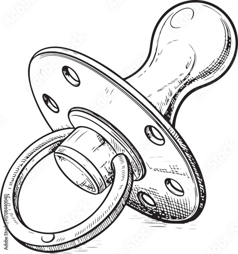Baby Pacifier for Newborn Infant Vector Illustration, Sketch Drawing Line Linear Symbol Icon Engraving Coloring Book, Hand-drawn Doodle Black and White Isolated