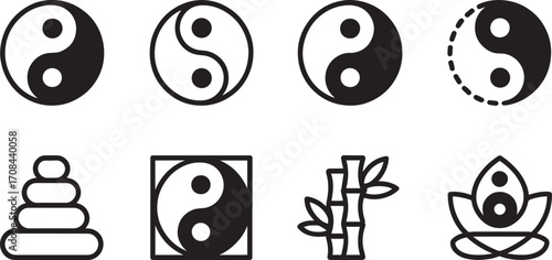 Balance and Harmony A Collection of Yin Yang Icons Featuring Bamboo and Lotus Symbolism