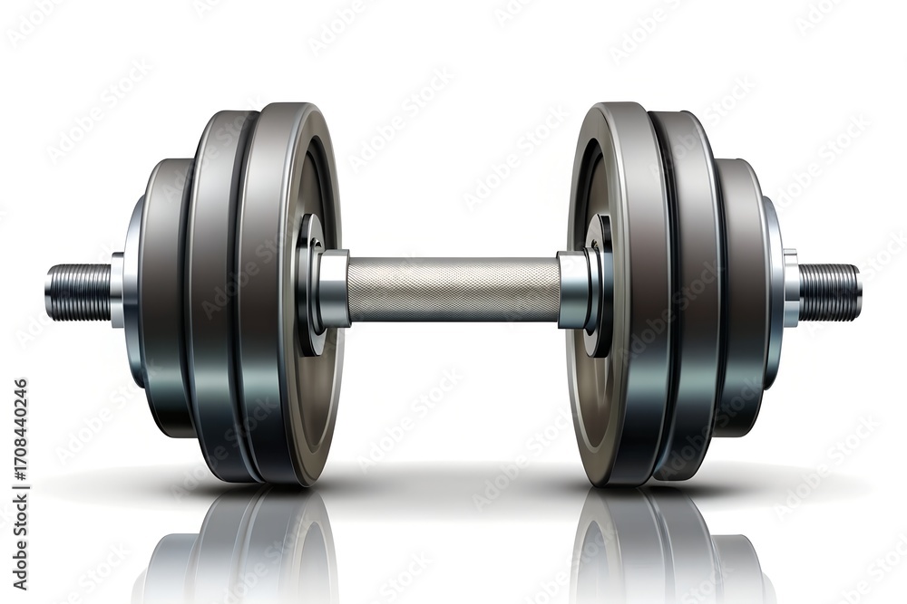 Fototapeta premium Isolated on white background, a realistic adjustable dumbbell with chrome handle and black weight plates for strength training