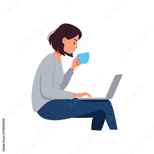 Woman enjoying coffee while working on laptop at home in cozy setting remote work concept. Vector illustration