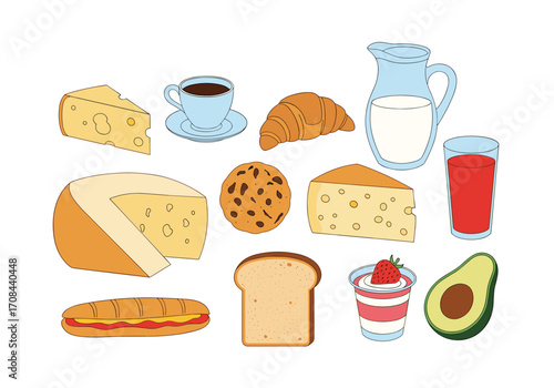 A collection of breakfast food items including cheese bread and drinks.