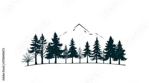 Silhouettes of trees and a mountain peak against a white background, evoking a tranquil forest landscape.