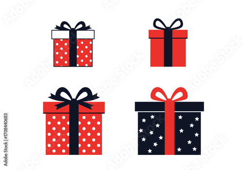 Four wrapped gift boxes with bows and ribbons.