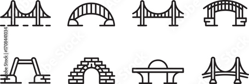 Bridge Icons Set Outline Style Architecture Structure Construction Landmark Engineering Design Span