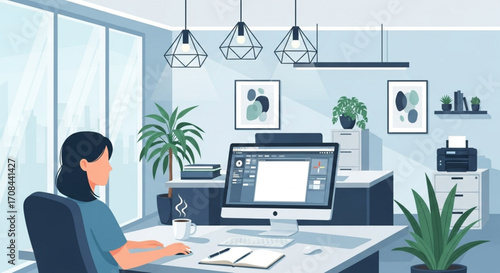 Female graphic designer working on a creative project at her computer in a modern and stylish home office or studio