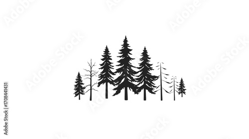 Silhouette of a cluster of evergreen trees, varying in height and fullness, against a white background.