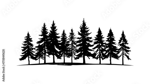 Silhouette of a row of evergreen trees on a small hill, simple graphic design.