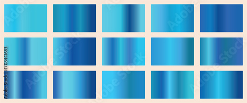 Set of blue colorful gradients. The texture of a smooth metal surface. A collection of multicolored metallic gradients. Vector illustration.