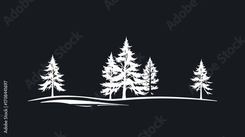 White silhouette of evergreen trees on a gentle, stylized, rolling landscape against a dark background.
