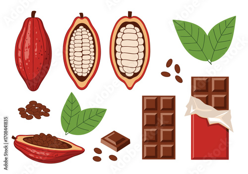 Sweet and delicious chocolate bars and cocoa beans illustration.