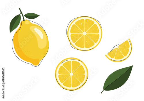Fresh yellow lemons and sliced citrus fruit with green leaves.