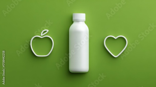 Minimalist bottle, apple, and heart icons, white on green, representing health, wellness, and nutrition with copy space
