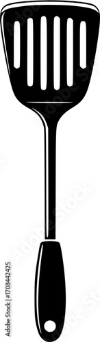 A sleek black spatula with ventilation slots and a hanging hole on a white backdrop