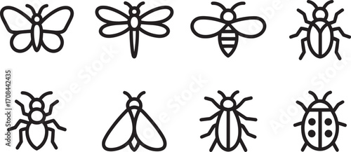 Delicate Insect Icons A Collection of Line Art Illustrations Featuring Butterflies Dragonflies and More