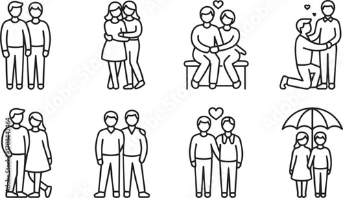 Couple Icons Set Outline Style. Together, Hugging, Sitting, Standing, Walking, Umbrella, Care